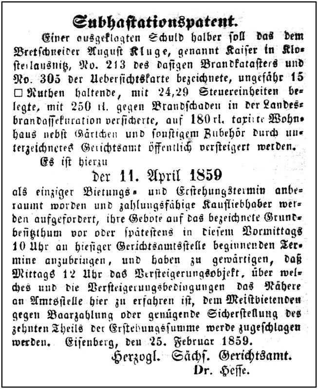 1859-02-25 Kl Zwangsversteigerung Kluge